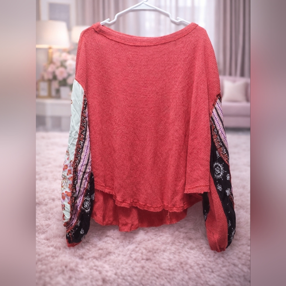 We The Free Coral Waffle-Knit Pullover with Patterned Balloon Sleeves